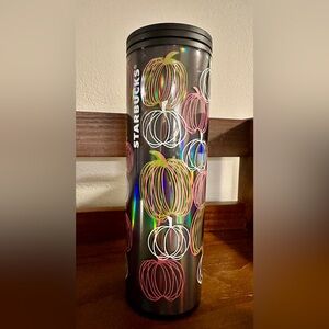 Starbucks Iridescent Black Tumbler with Pumpkin Motif